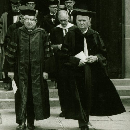 Dr. Shankweiler leaving Egner Chapel during commencement, circa 1960