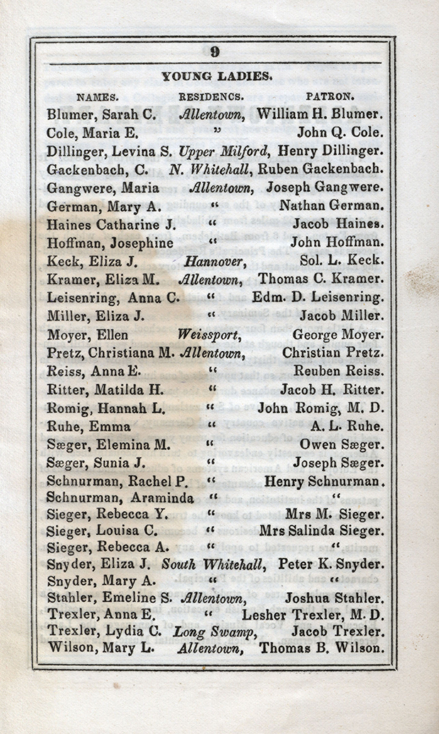 List of the first young women to attend the Female Department of the Allentown Seminary, 1850.