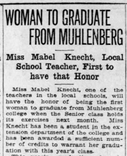 "Morning Call" announcement of first female graduate, 1920