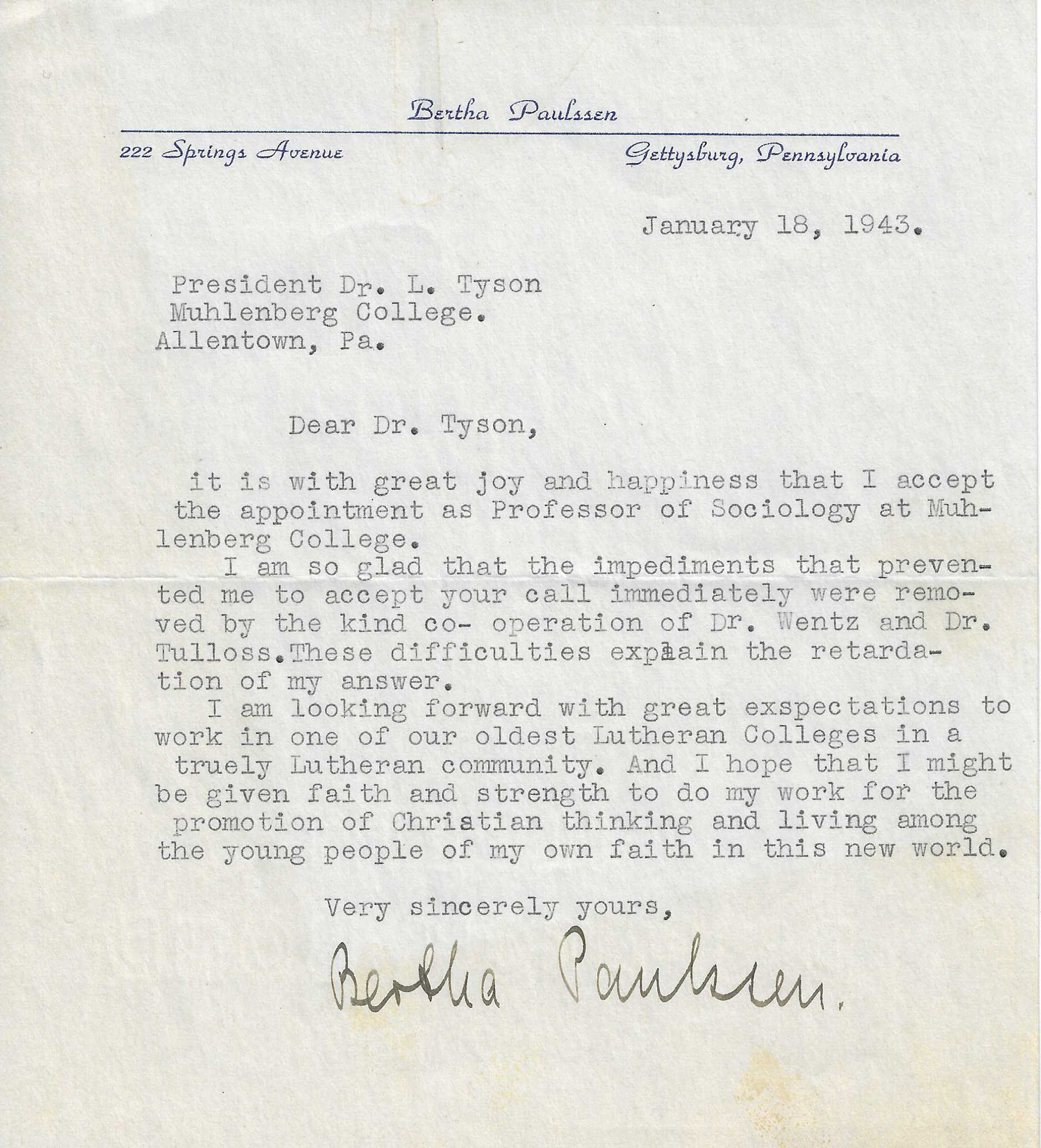 Dr. Paulssen's acceptance letter, 1943