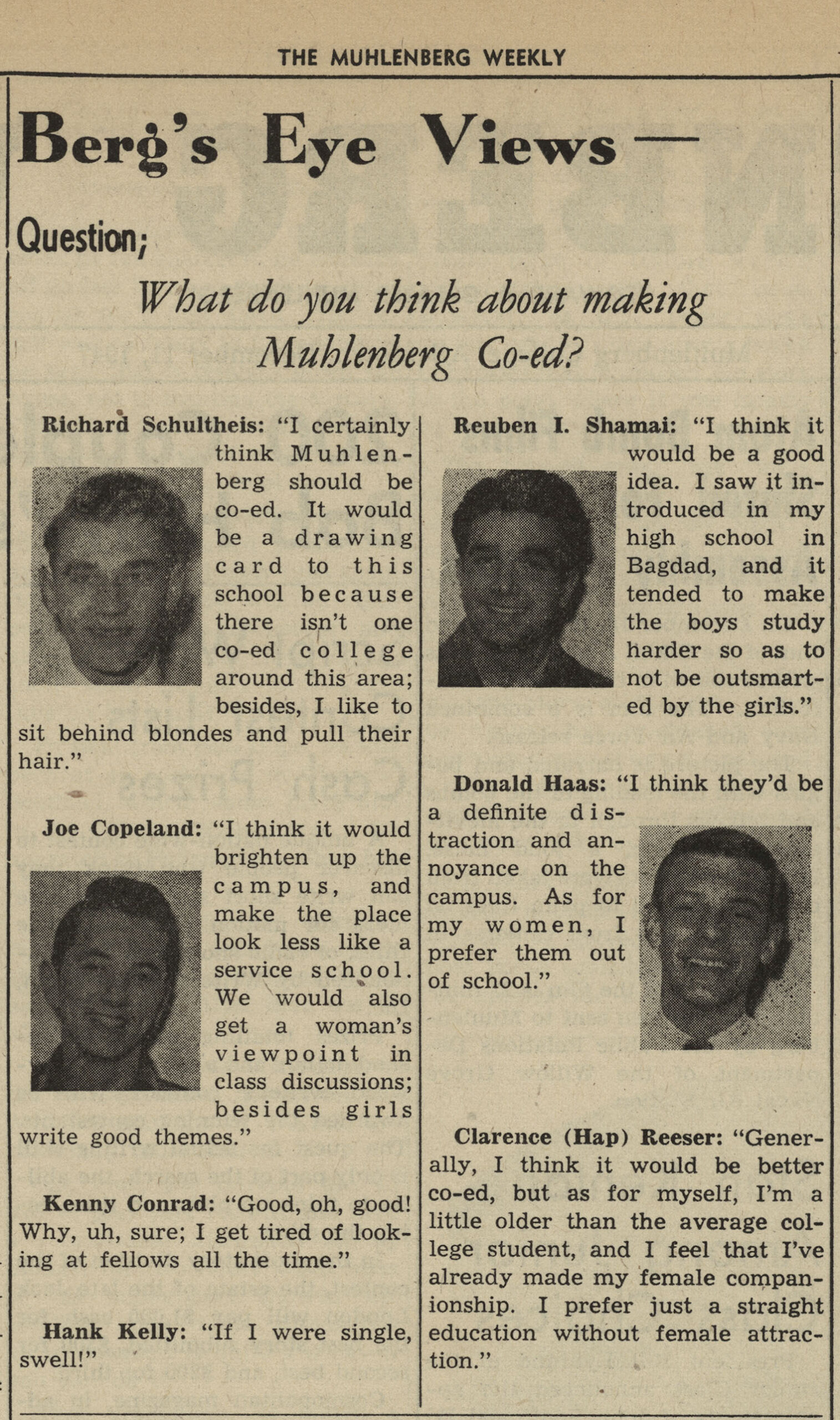 "Muhlenberg Weekly" survey asking students about coeducation, July 1947