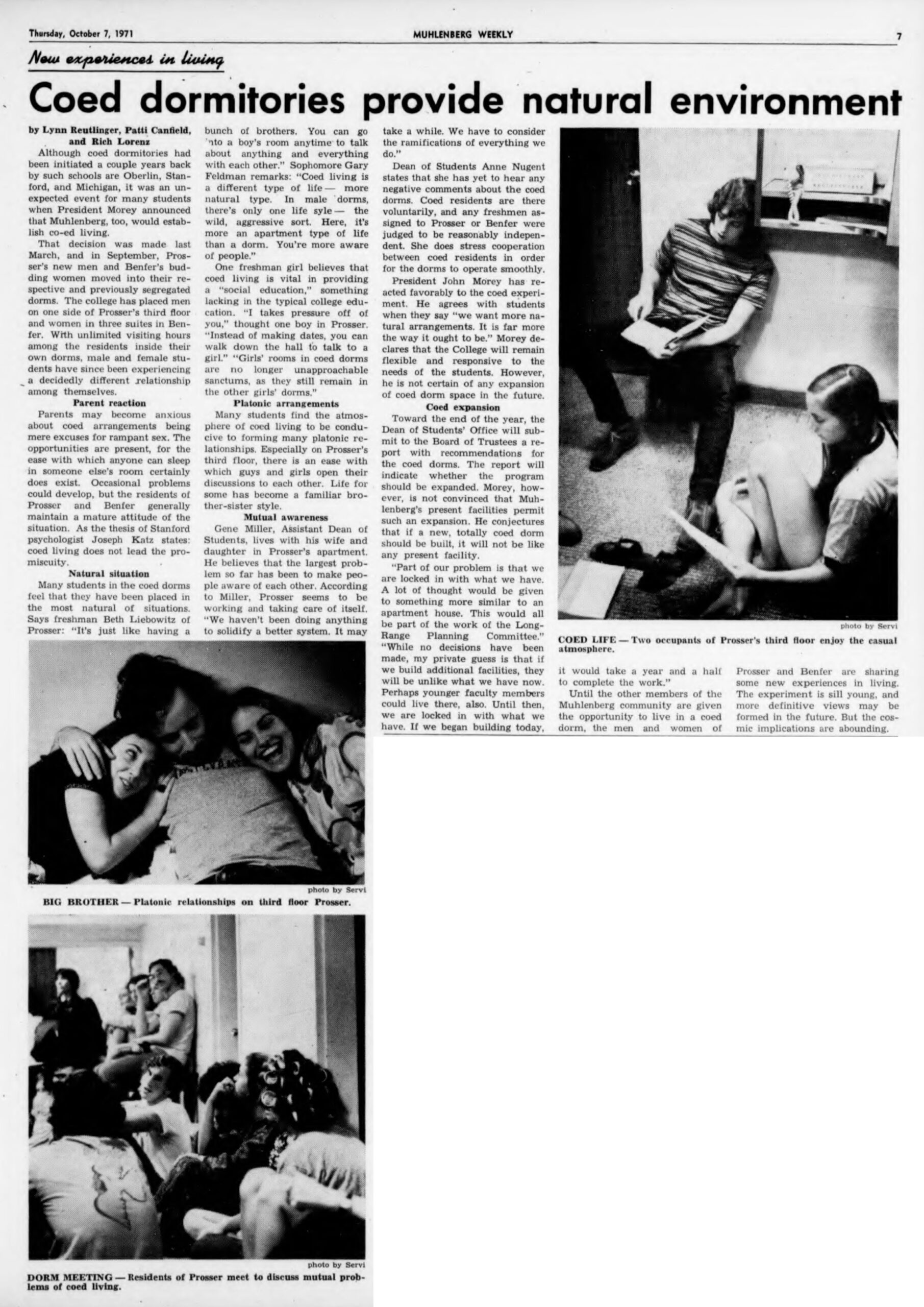 "Muhlenberg Weekly" article with images describing the introduction of coed dorms, 1971