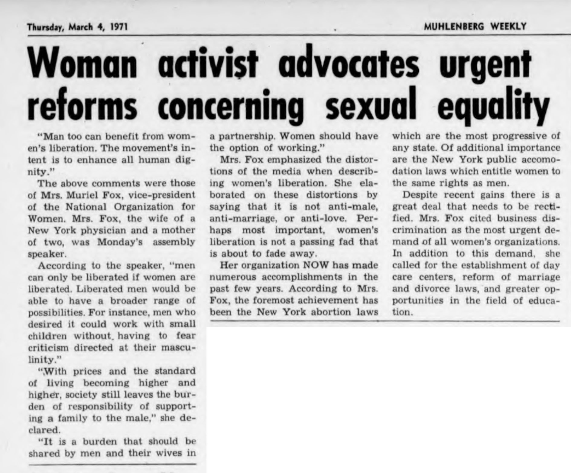 Muriel Fox came to campus to speak gender equilty, 1971