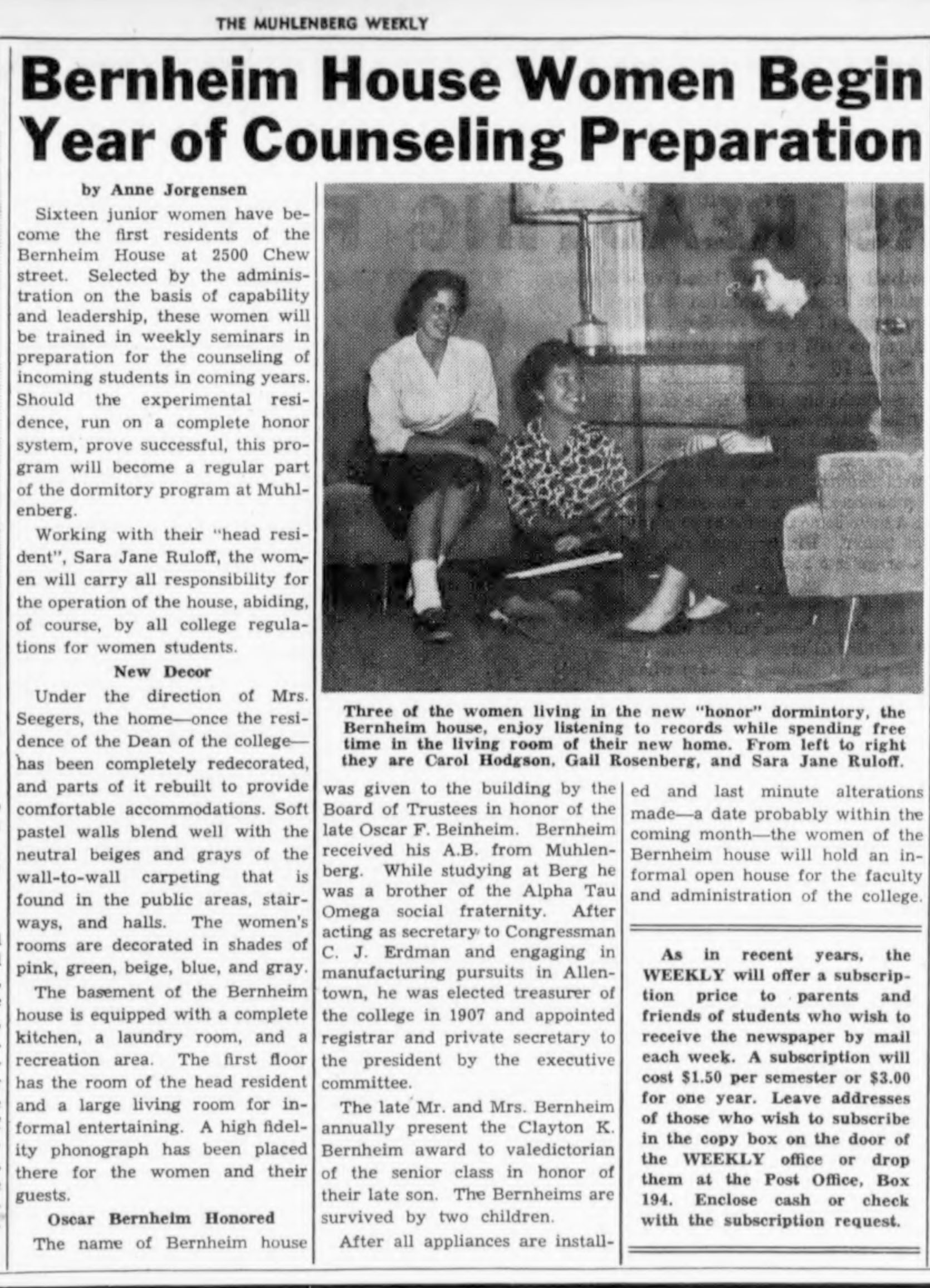 Muhlenberg Weekly article: Women move into the Bernheim House, 1959
